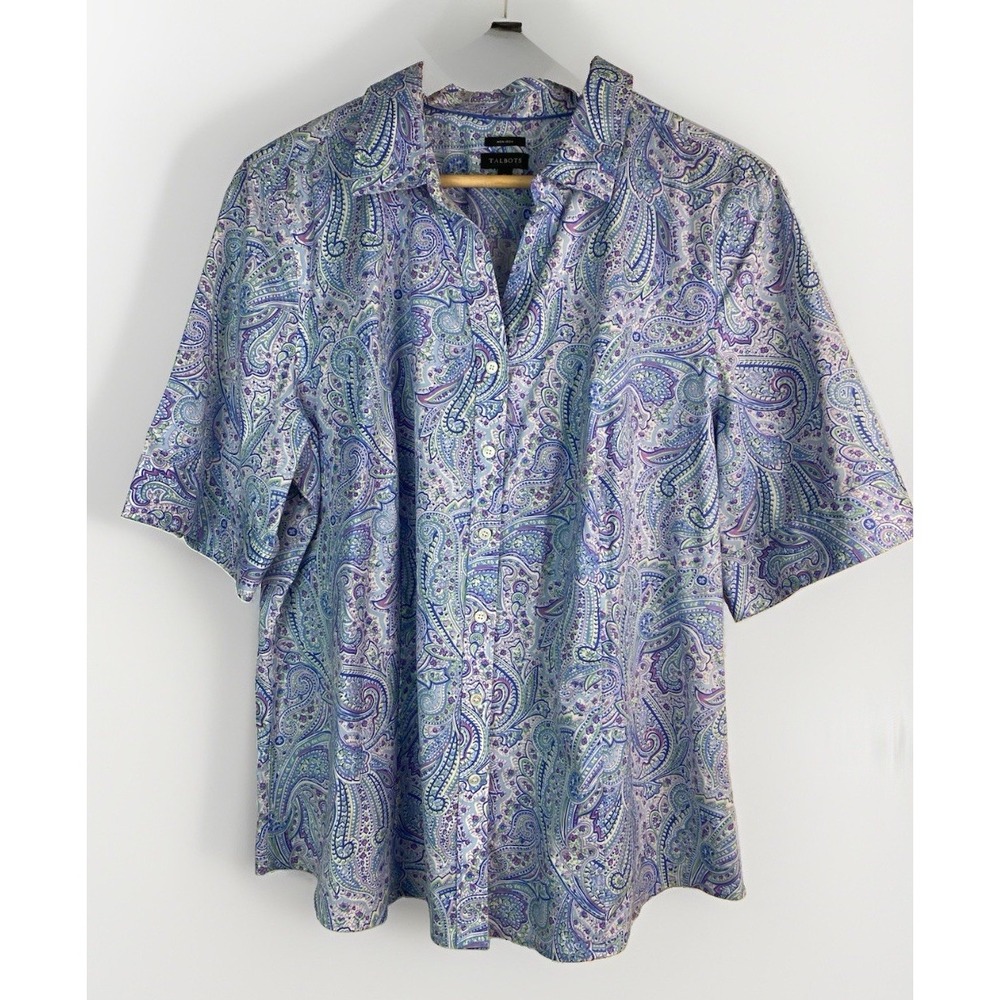 Talbots Non-Iron Women's 18 Blue Purple Paisley Short Sleeve Button Up Shirt